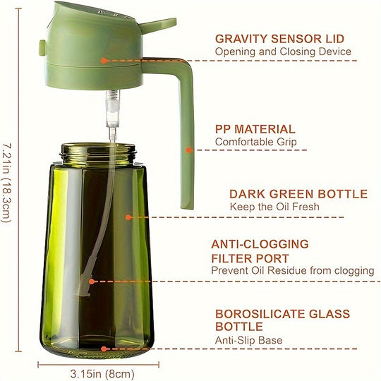 16oz Olive Green Glass Oil Dispenser & Sprayer - Auto Flip Cap, Light-Blocking Bottle + Labels