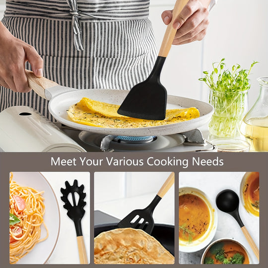 19pcs Kitchen Utensil & Knife Set – Non-Toxic BPA Free Silicone, Stainless Steel & Heat Resistant Wood