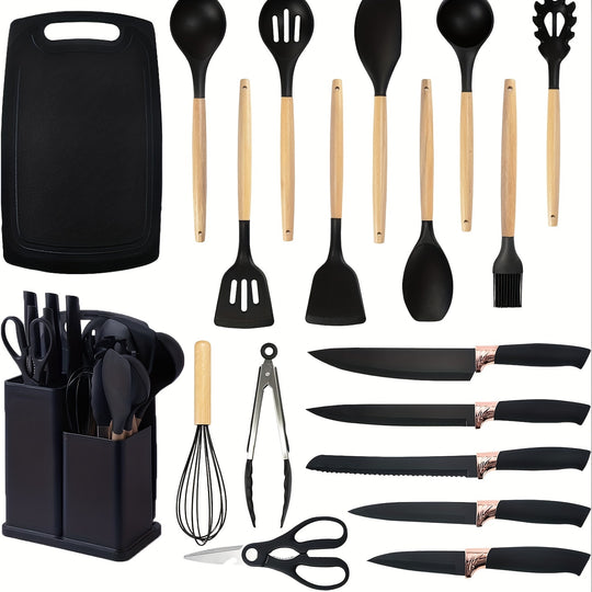 19pcs Kitchen Utensil & Knife Set – Non-Toxic BPA Free Silicone, Stainless Steel & Heat Resistant Wood