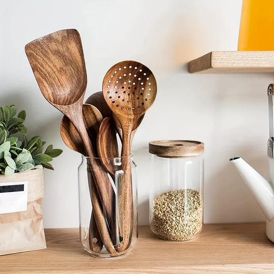 5pcs Premium Non-Toxic Heat Resistant Wooden Kitchen Utensils Set – Durable Spoons & Spurtles for Cooking & Baking