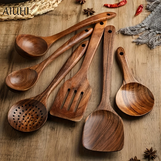 Set of 6 Heat Resistant, Non Toxic Wooden Cooking Spoons – Sturdy & Elegant Kitchen Utensils for Preparation & Serving