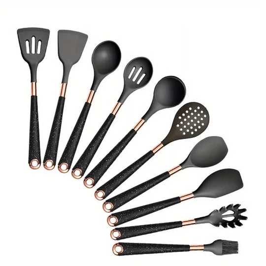 10-Piece Silicone Cooking Utensil Set with Ergonomic Design and Rose Gold Handles - Non-Stick, Heat-Resistant, BPA-Free