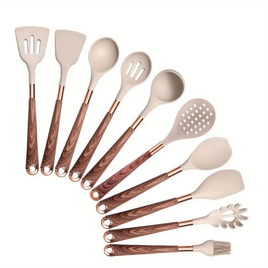 10-Piece Silicone Cooking Utensil Set with Ergonomic Design and Rose Gold Handles - Non-Stick, Heat-Resistant, BPA-Free
