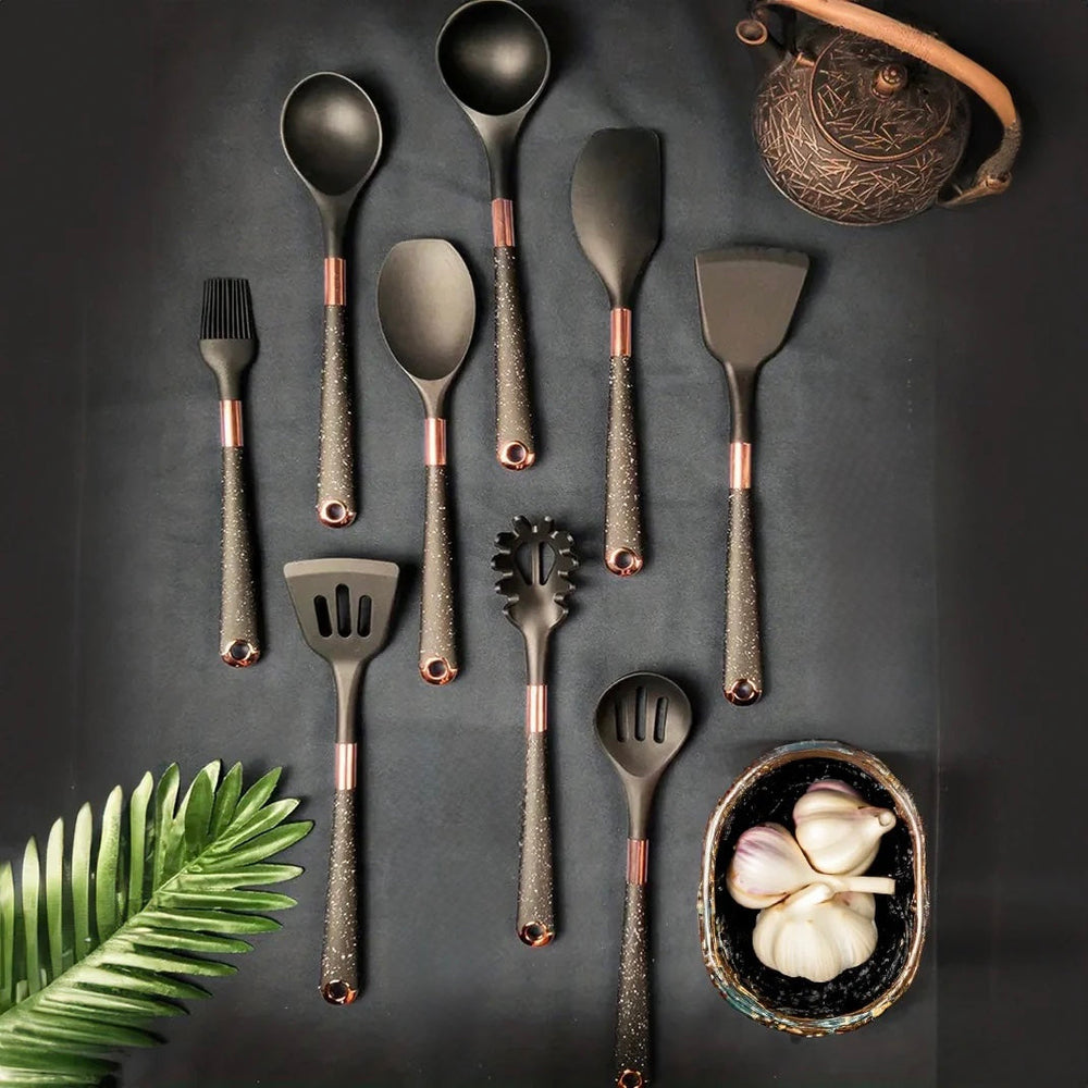 10-Piece Silicone Cooking Utensil Set with Ergonomic Design and Rose Gold Handles - Non-Stick, Heat-Resistant, BPA-Free