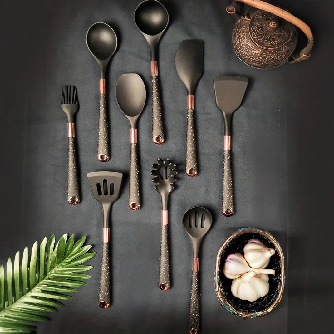 10-Piece Silicone Cooking Utensil Set with Ergonomic Design and Rose Gold Handles - Non-Stick, Heat-Resistant, BPA-Free