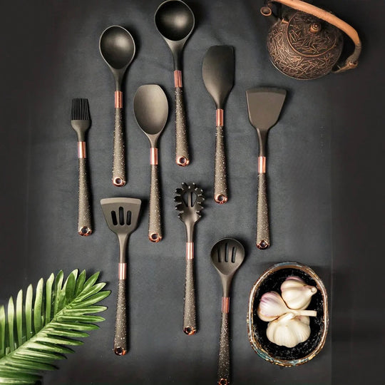 10-Piece Silicone Cooking Utensil Set with Ergonomic Design and Rose Gold Handles - Non-Stick, Heat-Resistant, BPA-Free
