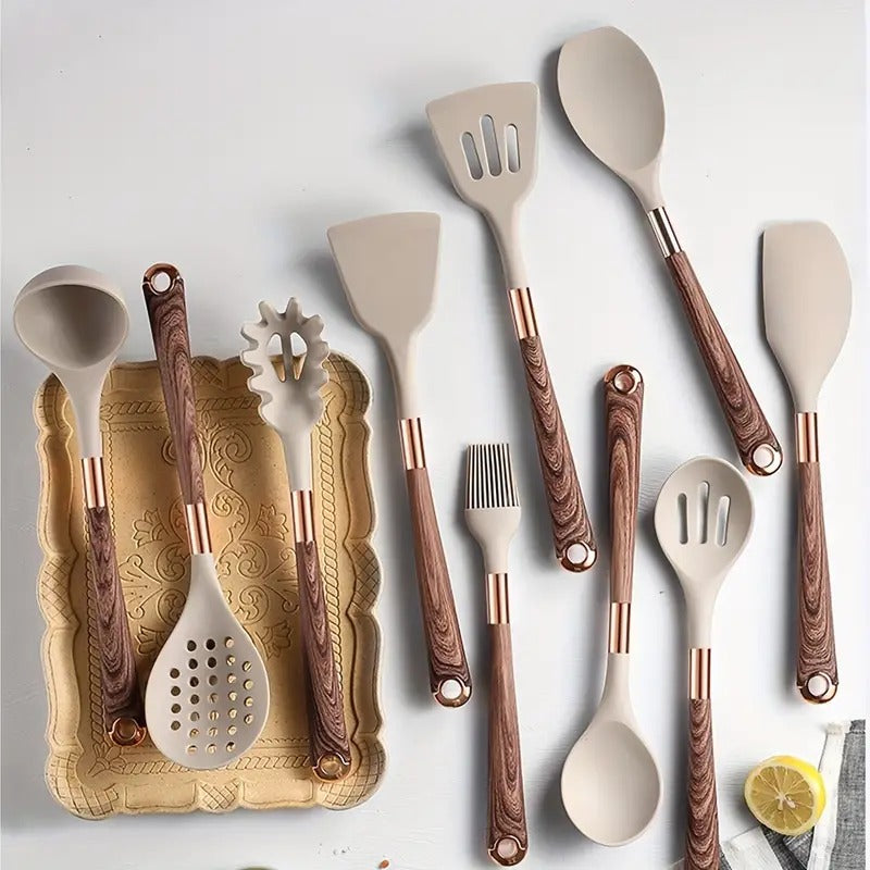 10-Piece Silicone Cooking Utensil Set with Ergonomic Design and Rose Gold Handles - Non-Stick, Heat-Resistant, BPA-Free