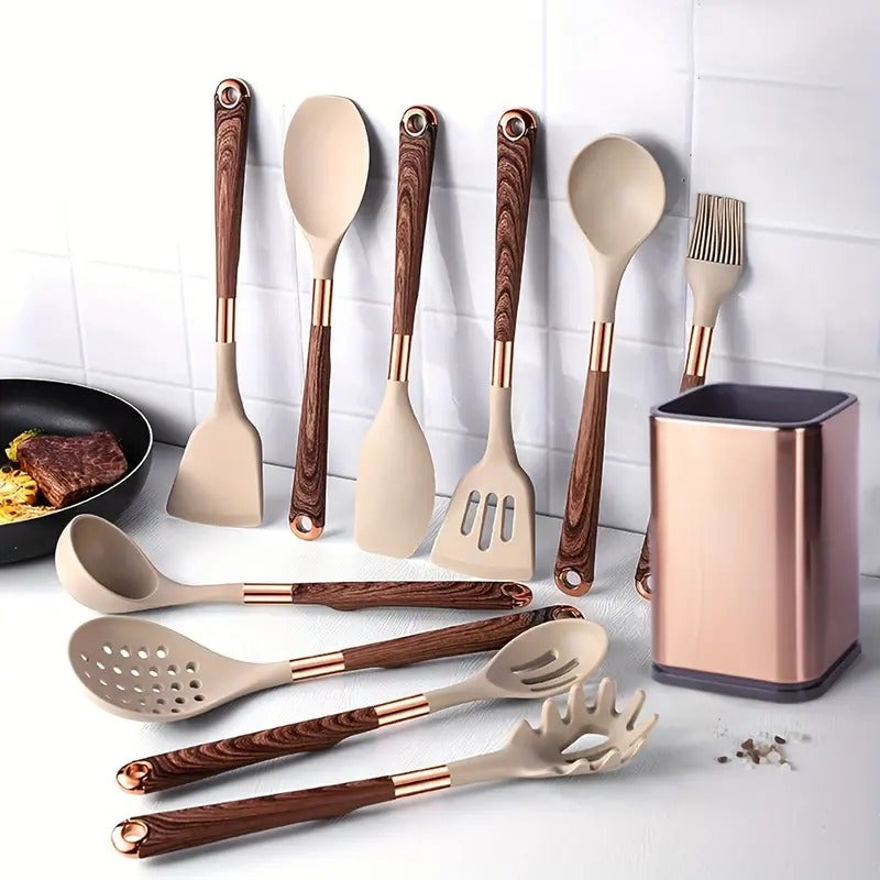 10-Piece Silicone Cooking Utensil Set with Ergonomic Design and Rose Gold Handles - Non-Stick, Heat-Resistant, BPA-Free