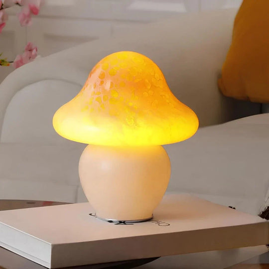 Dimmable Mushroom-Shaped Glass Table Lamp with USB Charging – Elegant Bedside or Desk Lighting