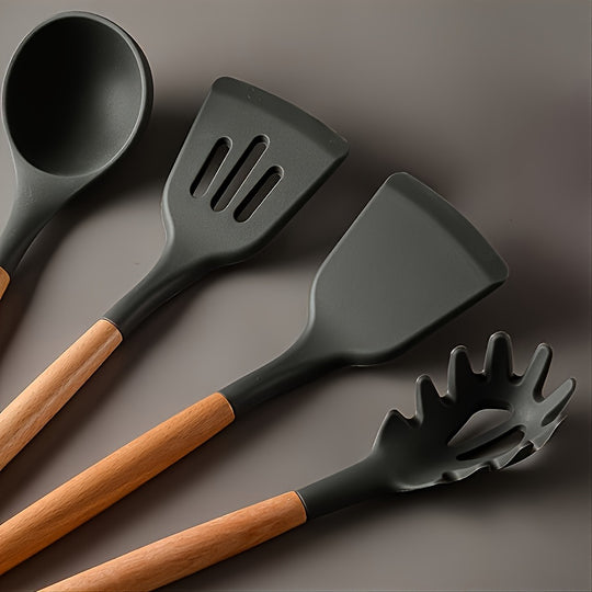 12pcs Heat Resistant Silicone Kitchen Utensils Set - BPA Free, Non-Toxic, Non-Stick Spatula, Spoon, Brush & Mixer for Cooking & Baking
