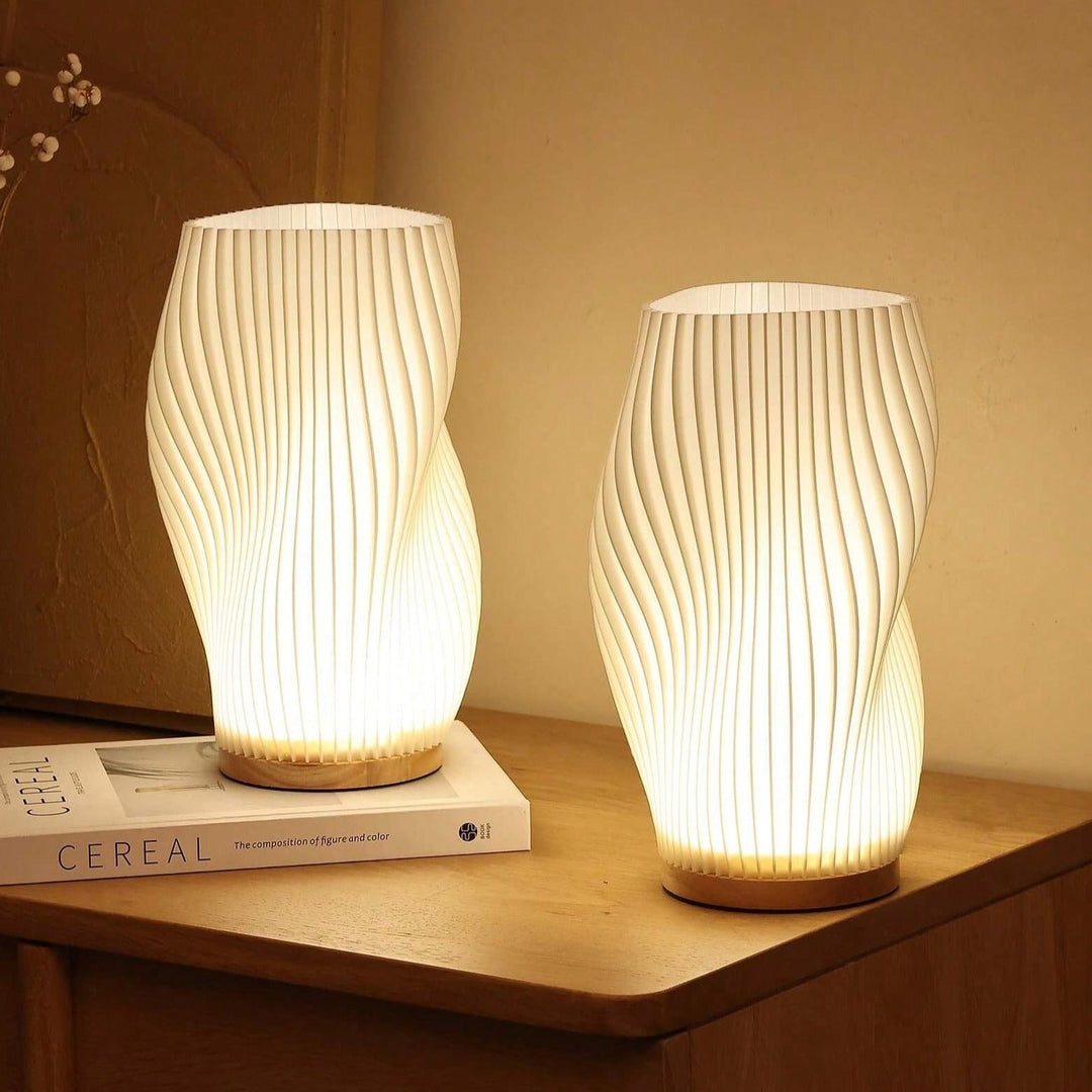 Contemporary Dimmable USB Table Lamp with Wave-Shaped Shade – Metal Base for Bedroom, Bedside or Desk Use
