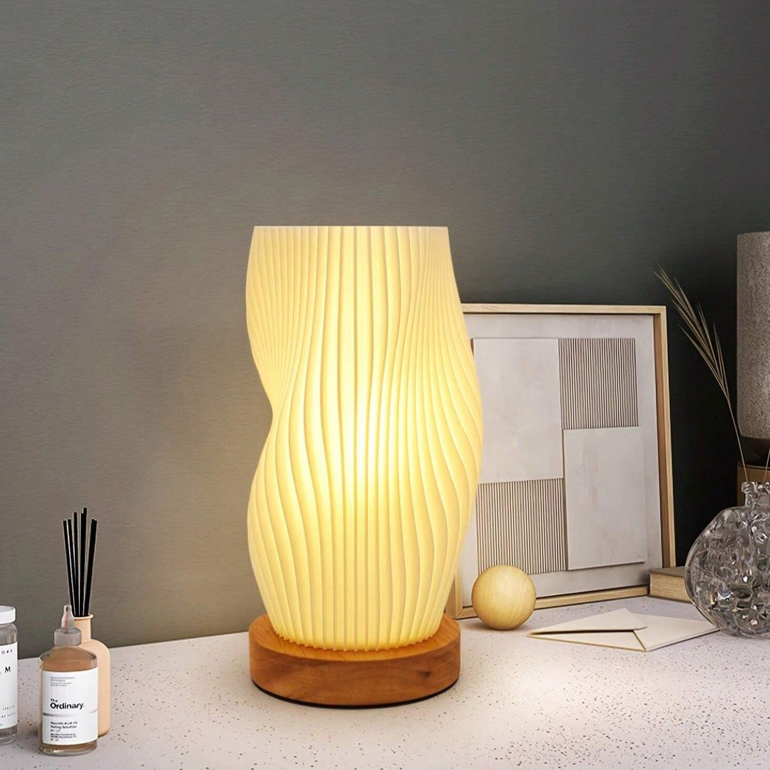 Contemporary Dimmable USB Table Lamp with Wave-Shaped Shade – Metal Base for Bedroom, Bedside or Desk Use