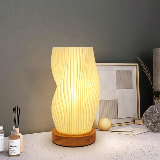 Contemporary Dimmable USB Table Lamp with Wave-Shaped Shade – Metal Base for Bedroom, Bedside or Desk Use