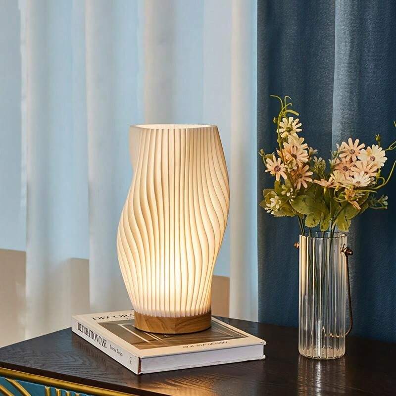 Contemporary Dimmable USB Table Lamp with Wave-Shaped Shade – Metal Base for Bedroom, Bedside or Desk Use