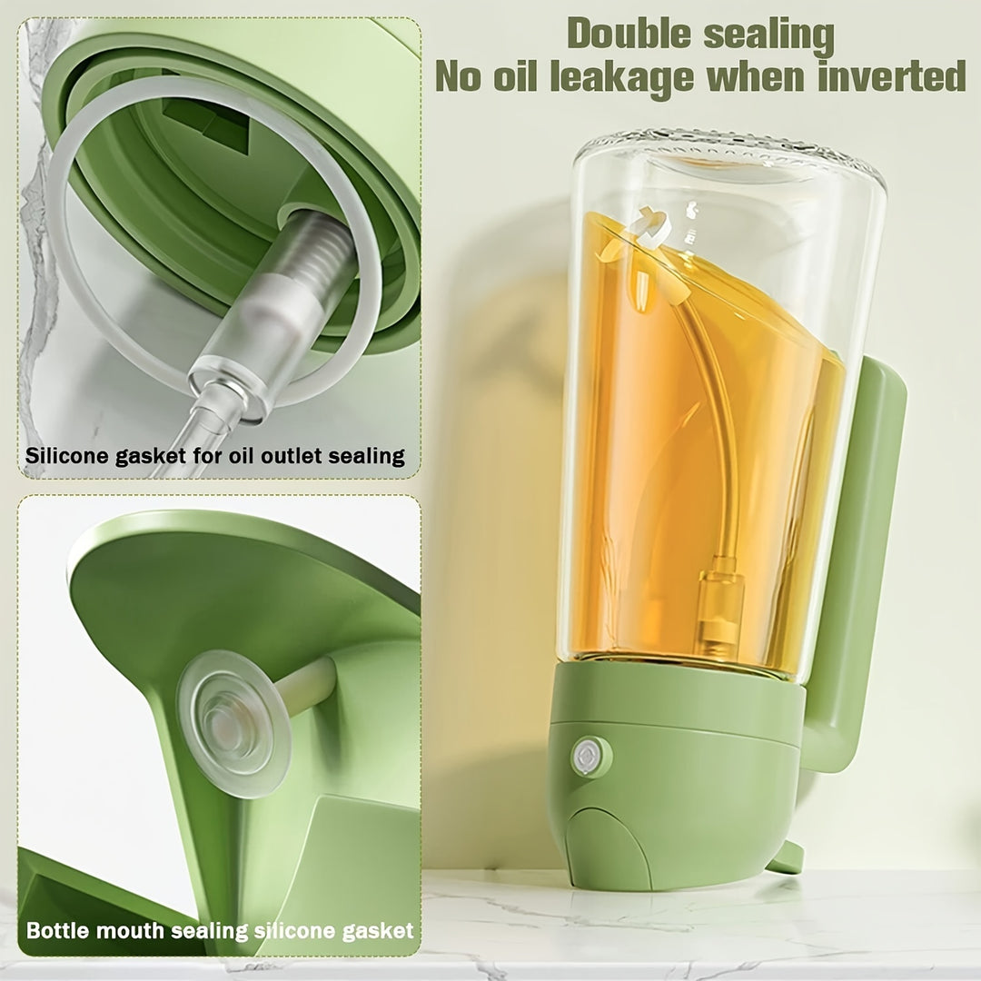 16oz Olive Green Glass Oil Dispenser & Sprayer - Auto Flip Cap, Light-Blocking Bottle + Labels