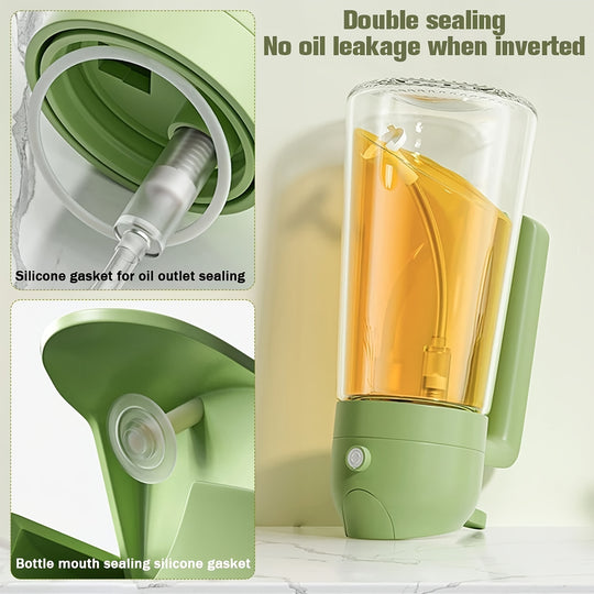 16oz Olive Green Glass Oil Dispenser & Sprayer - Auto Flip Cap, Light-Blocking Bottle + Labels