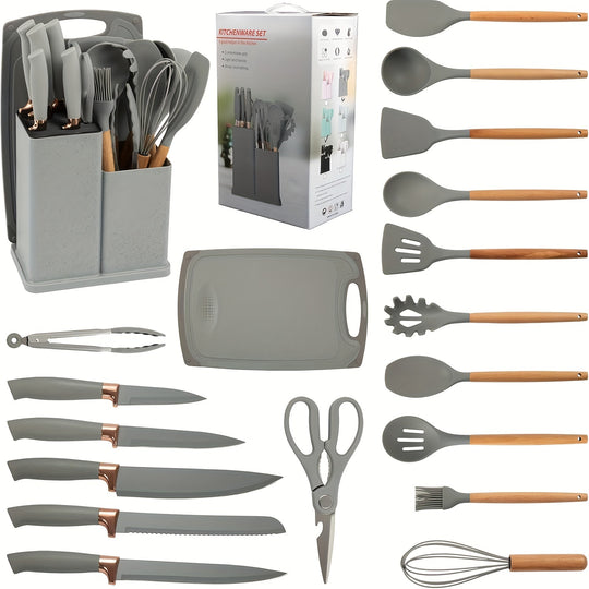 19pcs Kitchen Utensil & Knife Set – Non-Toxic BPA Free Silicone, Stainless Steel & Heat Resistant Wood