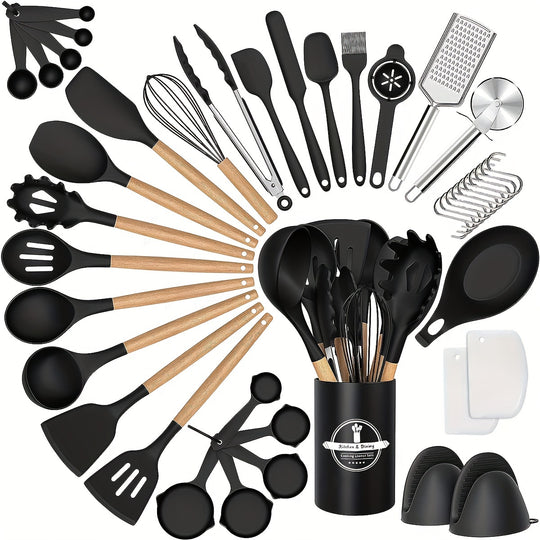 43-Piece Non-Stick Cookware Set with Heat-Resistant Wooden Handles & BPA-Free Silicone Utensils – Non-Toxic & Durable Kitchen Essentials