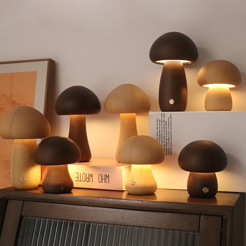 Oplaadbare Houten Paddenstoel Tafellamp – Aanraakgevoelige LED Bedlamp voor Gezellige Sfeer, Snoerloze en Milieuvriendelijke Ontwerp