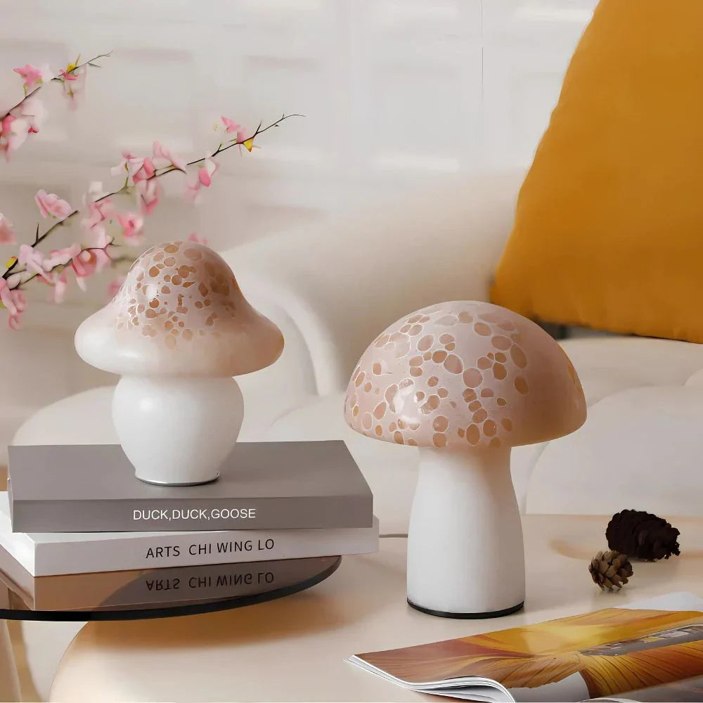 Dimmable Mushroom-Shaped Glass Table Lamp with USB Charging – Elegant Bedside or Desk Lighting
