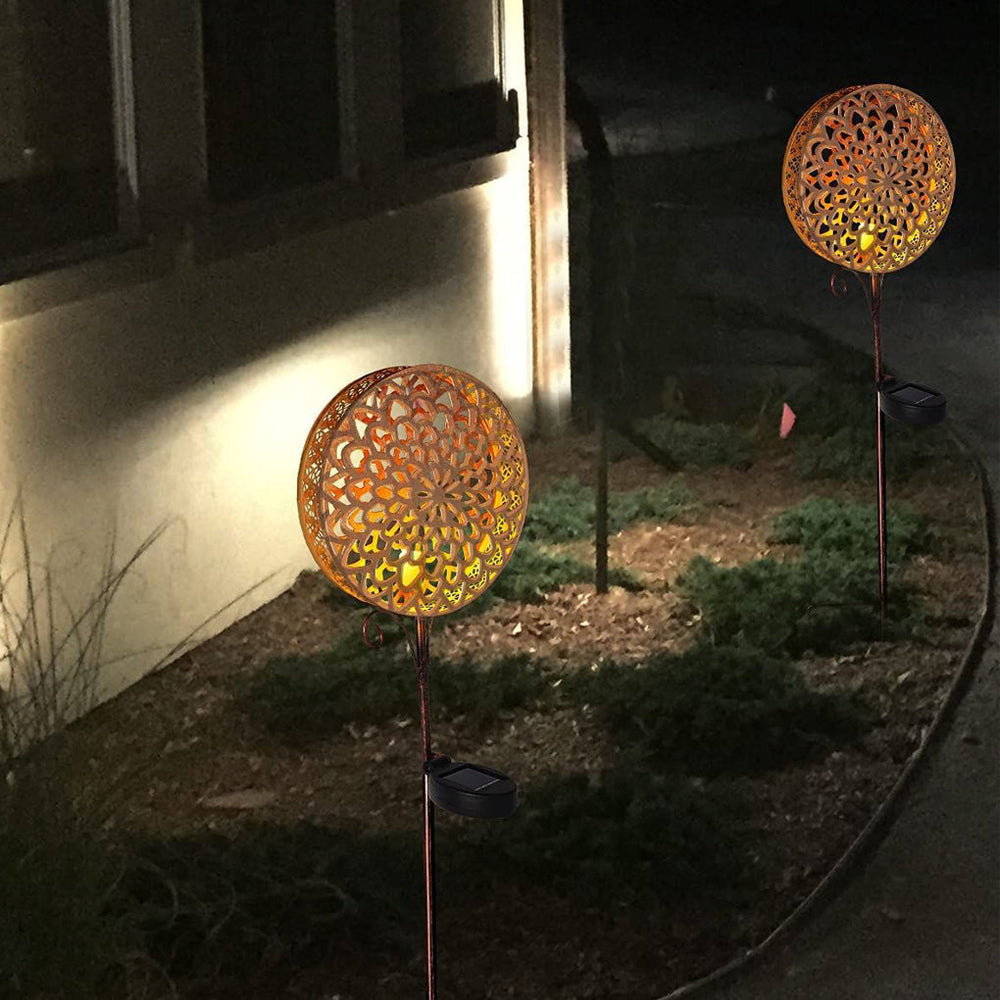 Round Iron Solar Garden Lights with Flower Projection – Waterproof Solar Lights for Outdoor Yard Decor