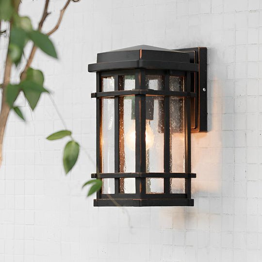 Modern Outdoor Wall Light Sconce with Bubbles Glass Shade – Waterproof Black Aluminum Exterior Wall Lantern for Porch and Garden