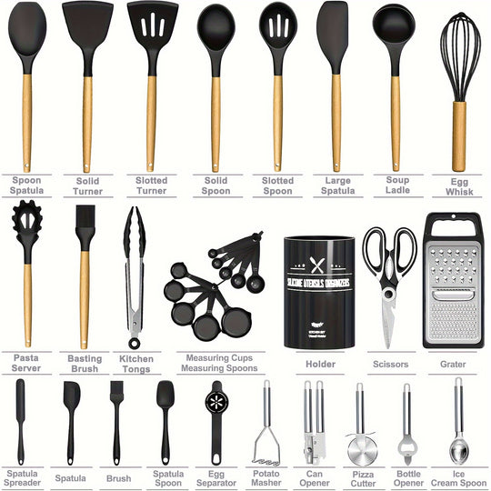 34PCS Silicone Kitchen Utensil Set - Heat Resistant, Nonstick Cooking Tools with Holder & Wooden Handles