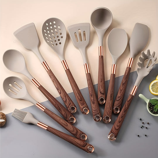11pcs BPA-Free Non-Stick Wood and Silicone Kitchen Utensil Set – Heat Resistant Cooking Tools & Gadgets