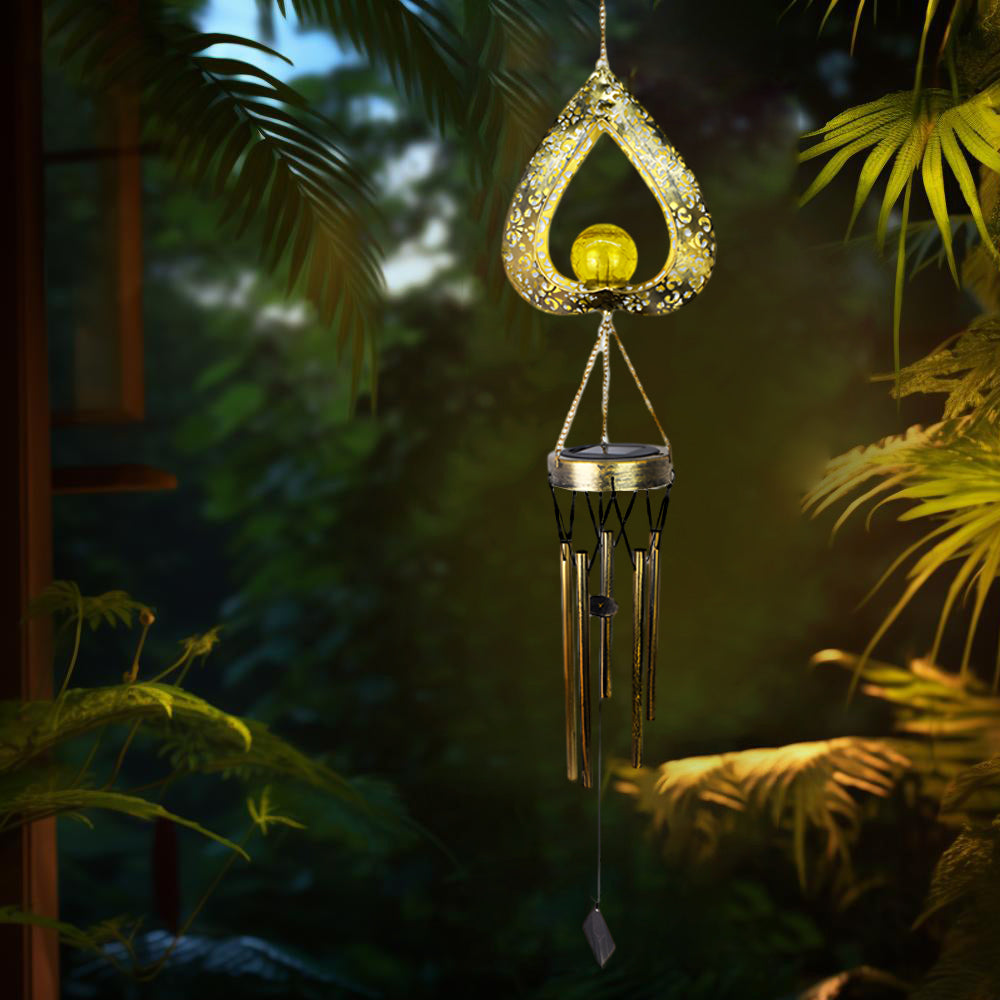 Solar Hanging Lights with Iron Heart Design and Wind Chimes – Waterproof LED Garden Decor for Outdoor Ambiance