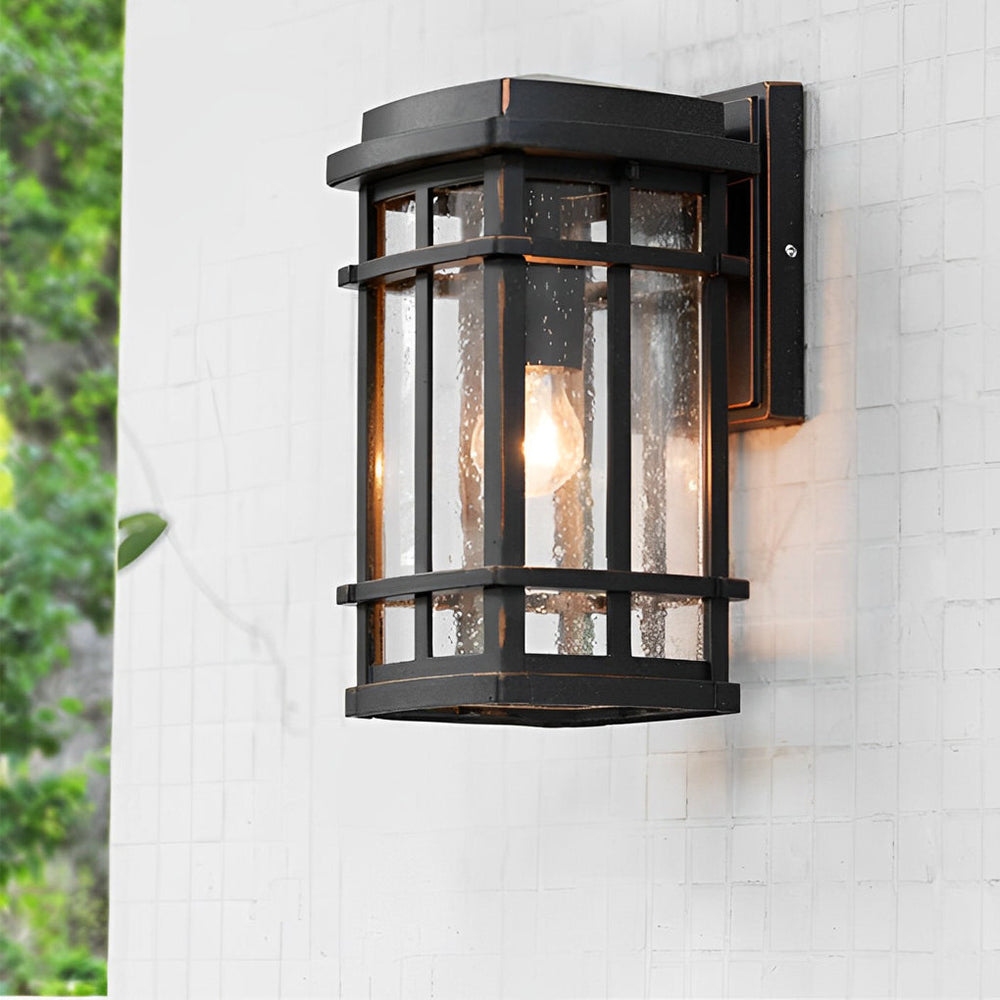 Modern Outdoor Wall Light Sconce with Bubbles Glass Shade – Waterproof Black Aluminum Exterior Wall Lantern for Porch and Garden