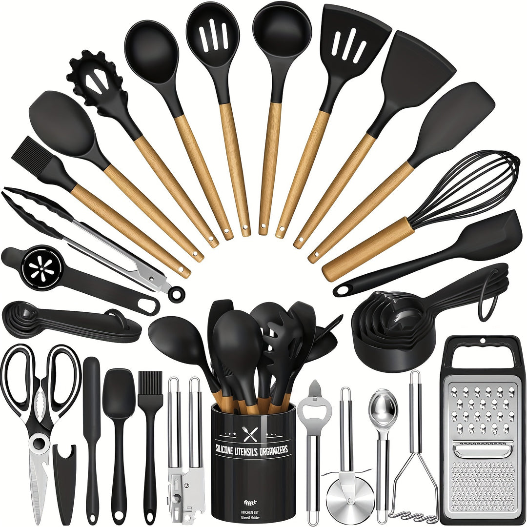 34PCS Silicone Kitchen Utensil Set - Heat Resistant, Nonstick Cooking Tools with Holder & Wooden Handles