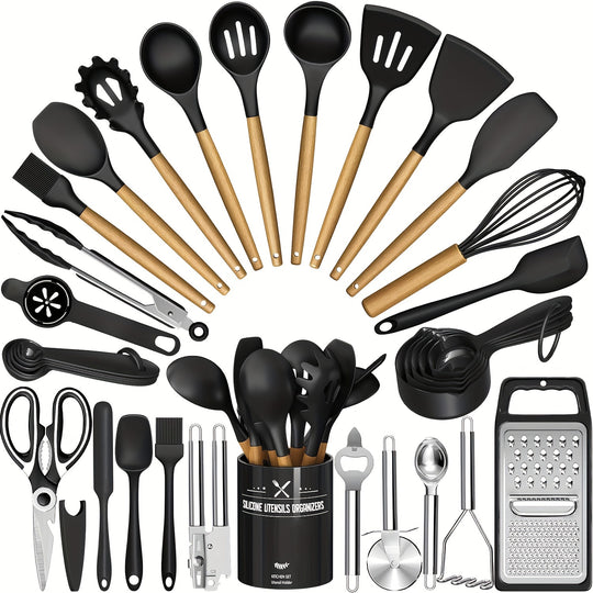 34PCS Silicone Kitchen Utensil Set - Heat Resistant, Nonstick Cooking Tools with Holder & Wooden Handles