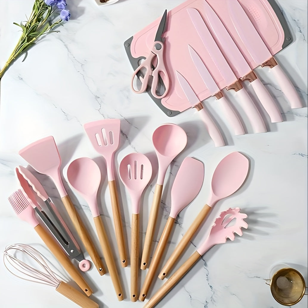 19pcs Kitchen Utensil & Knife Set – Non-Toxic BPA Free Silicone, Stainless Steel & Heat Resistant Wood