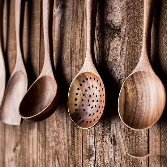 5pcs Premium Non-Toxic Heat Resistant Wooden Kitchen Utensils Set – Durable Spoons & Spurtles for Cooking & Baking