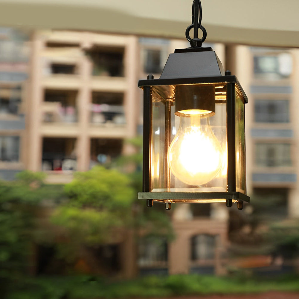 Modern Black Outdoor Pendant Light Fixture – Waterproof Glass Hanging Lantern for Garden and Balcony