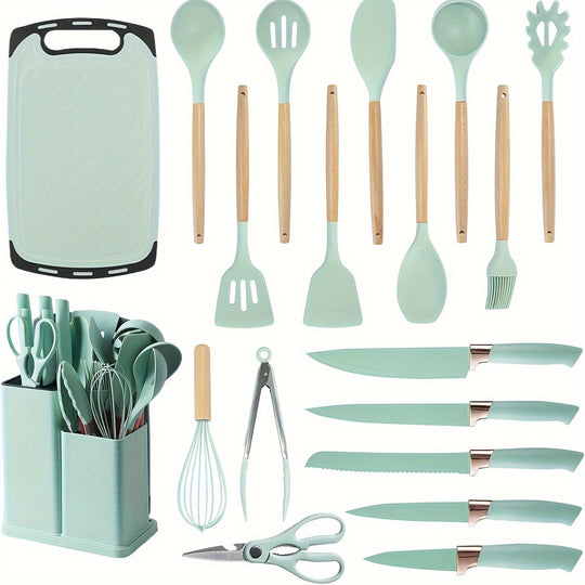 19pcs Kitchen Utensil & Knife Set – Non-Toxic BPA Free Silicone, Stainless Steel & Heat Resistant Wood