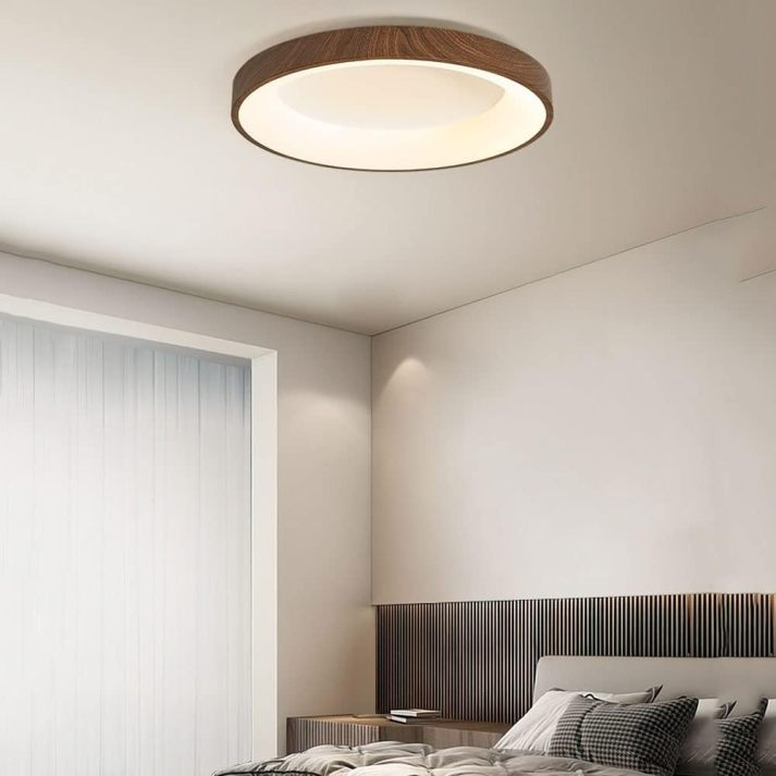 Natuurlijke houten plafondlamp met vlakke montage – energiezuinige LED, modern cirkelvormig ontwerp voor slaapkamer, meerdere maten beschikbaar