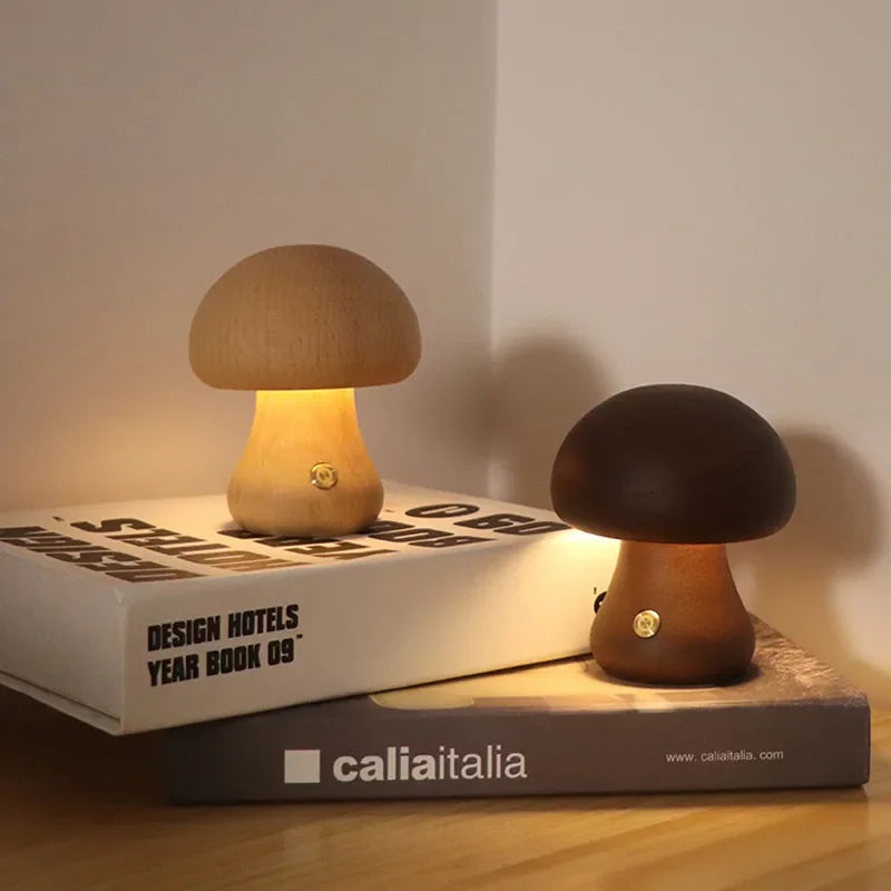 Rechargeable Wooden Mushroom Table Lamp – Touch-Sensitive LED Bedside Lamp for Cozy Ambiance, Cordless and Eco-Friendly Design