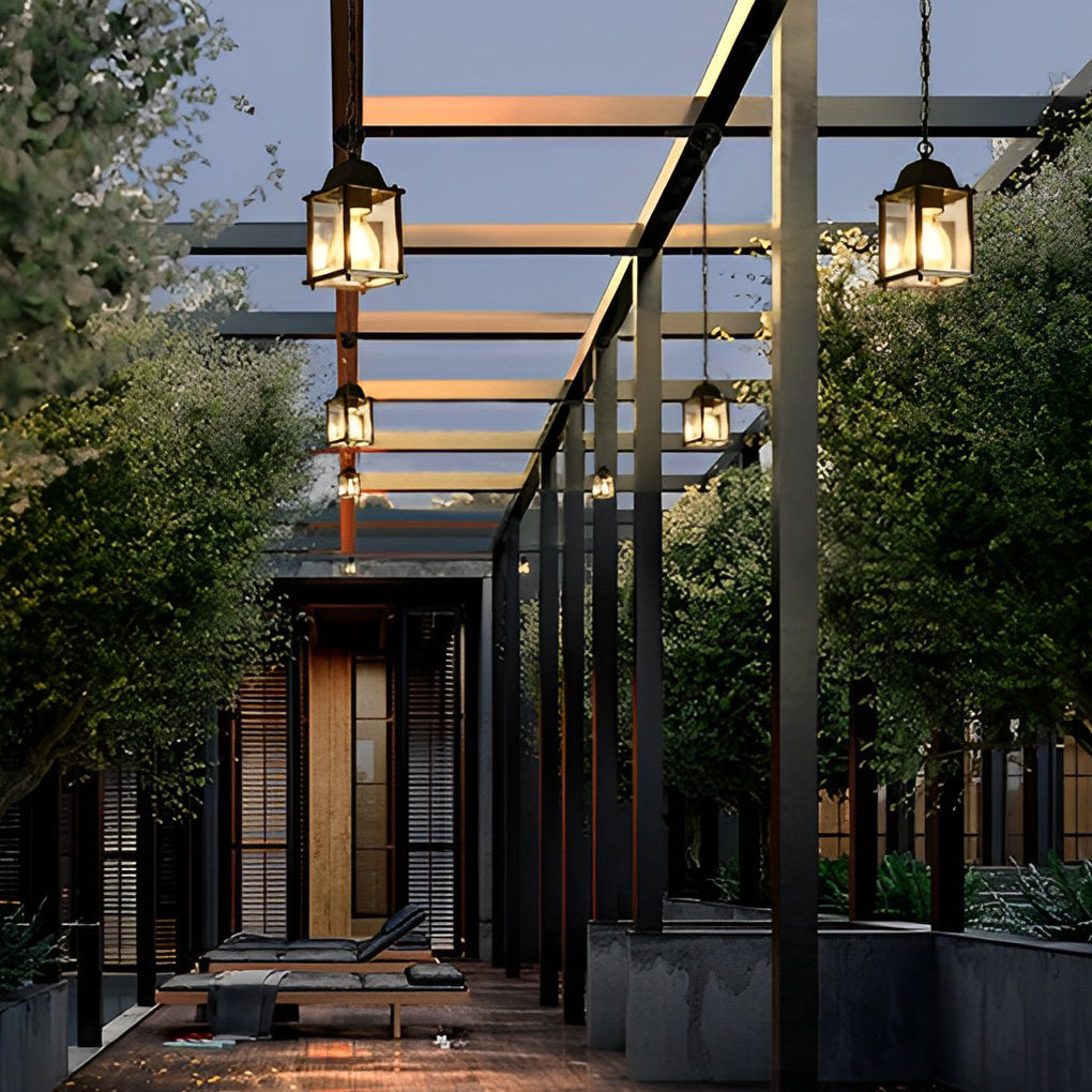 Modern Black Outdoor Pendant Light Fixture – Waterproof Glass Hanging Lantern for Garden and Balcony