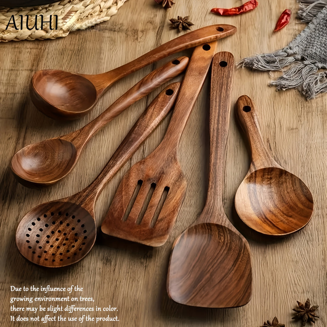 Set of 6 Heat Resistant, Non Toxic Wooden Cooking Spoons – Sturdy & Elegant Kitchen Utensils for Preparation & Serving