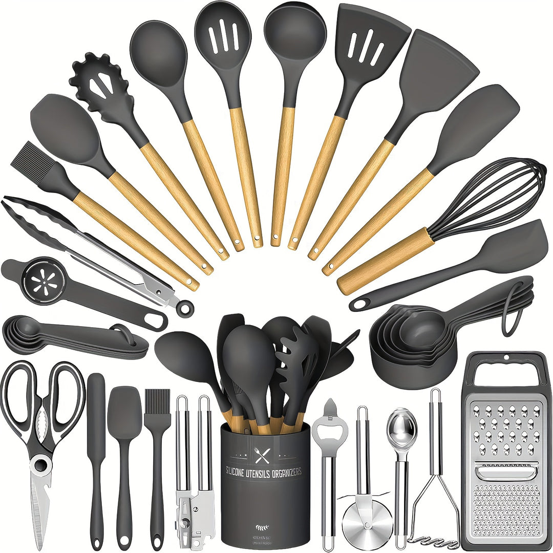 34PCS Silicone Kitchen Utensil Set - Heat Resistant, Nonstick Cooking Tools with Holder & Wooden Handles