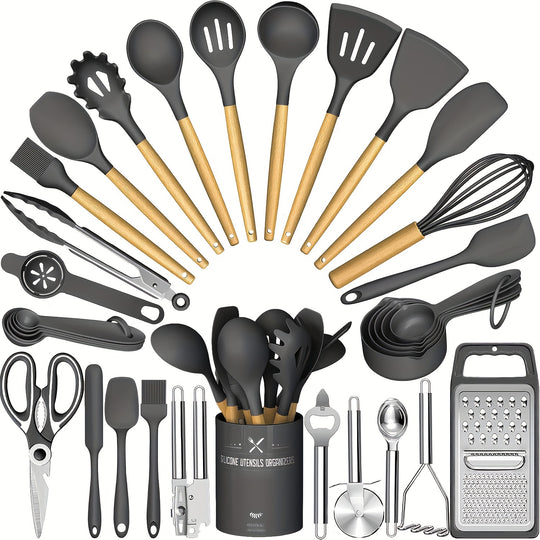 34PCS Silicone Kitchen Utensil Set - Heat Resistant, Nonstick Cooking Tools with Holder & Wooden Handles