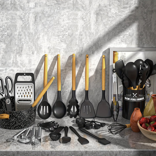 34PCS Silicone Kitchen Utensil Set - Heat Resistant, Nonstick Cooking Tools with Holder & Wooden Handles