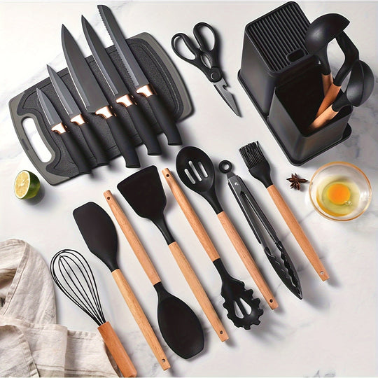 19pcs Kitchen Utensil & Knife Set – Non-Toxic BPA Free Silicone, Stainless Steel & Heat Resistant Wood