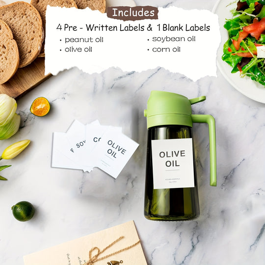 16oz Olive Green Glass Oil Dispenser & Sprayer - Auto Flip Cap, Light-Blocking Bottle + Labels