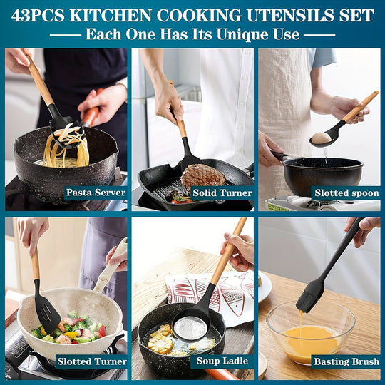 43-Piece Non-Stick Cookware Set with Heat-Resistant Wooden Handles & BPA-Free Silicone Utensils – Non-Toxic & Durable Kitchen Essentials