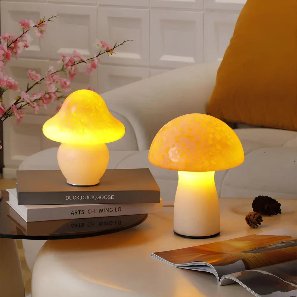 Dimmable Mushroom-Shaped Glass Table Lamp with USB Charging – Elegant Bedside or Desk Lighting