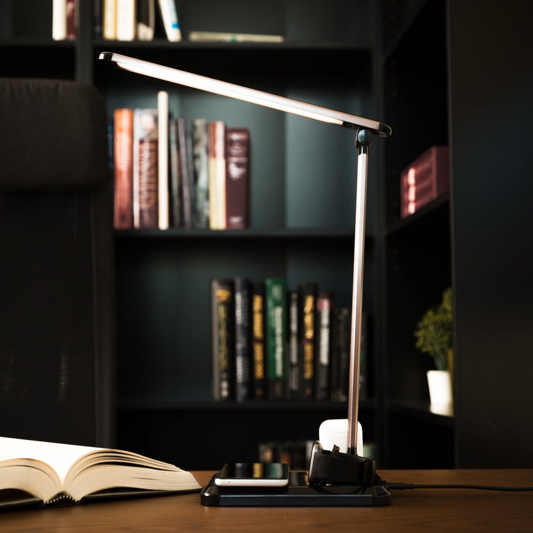 4-in-1 LED Desk Lamp with Wireless Charging for Phone, AirPods, and Apple Watch – Adjustable Brightness, Modern Design