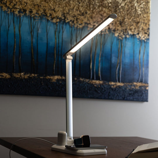 4-in-1 LED Desk Lamp with Wireless Charging for Phone, AirPods, and Apple Watch – Adjustable Brightness, Modern Design