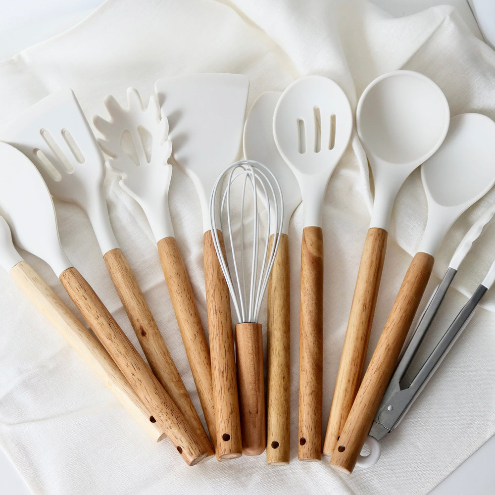 BPA-Free Silicone Kitchen Utensil Set with Wooden Handles – Heat Resistant, Dishwasher Safe Cooking Utensils Including Spatula, Spoon, Whisk